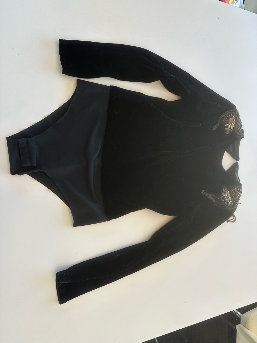 Zara Black Velvet Long-Sleeve Embellished Bodysuit